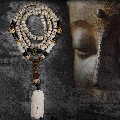 Spirituality 108 Mala Beads Bodhi Seed Yak Bone Avalokitesvara Lucky Pixiu Guan Gong Buddha Demon Peace Tassel Bracelet