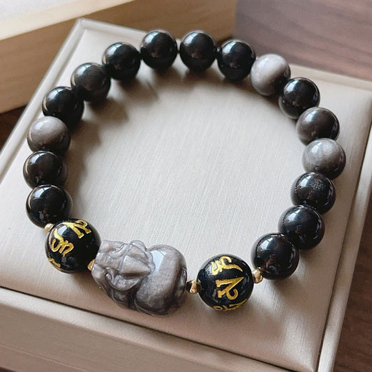 Spirituality Buddha Karma Natural Silver Sheen Obsidian Black Obsidian Om Mani Padme Hum Pixiu Protection Bracelet