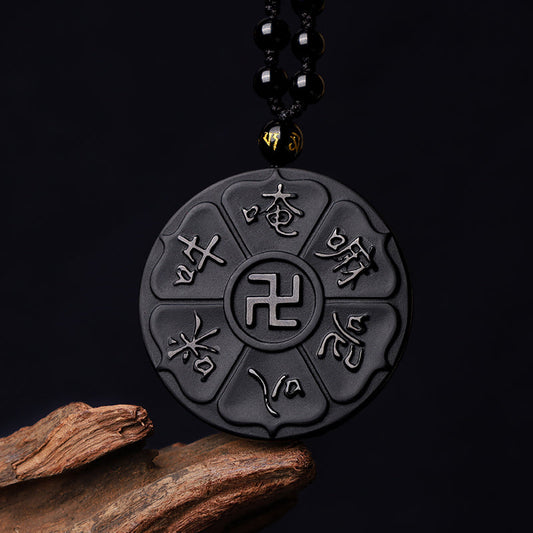 Spirituality Buddha Karma Natural Black Obsidian Tibetan Om Mani Padme Hum Buddha Swastika Luck Necklace Pendant