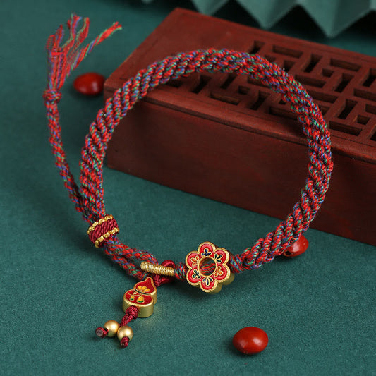 Ancient Tibetan Buddhist Red String Tradition  Handmade Colorful Gourd Flower Protection Braided String Bracelet