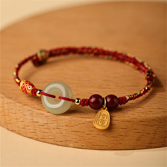 Ancient Tibetan Buddhist Red String Tradition  925 Sterling Silver Koi Fish Hetian Jade Peace Buckle Luck Bracelet