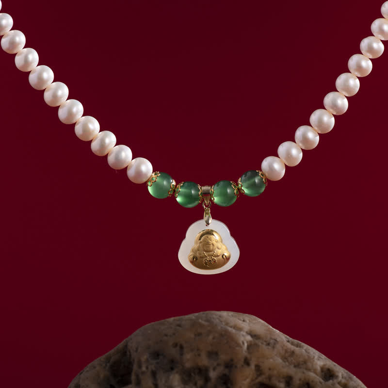 Buddha Energy Necklace 999 Gold Laughing Buddha Hetian White Jade Pearl Blessing Necklace Pendant