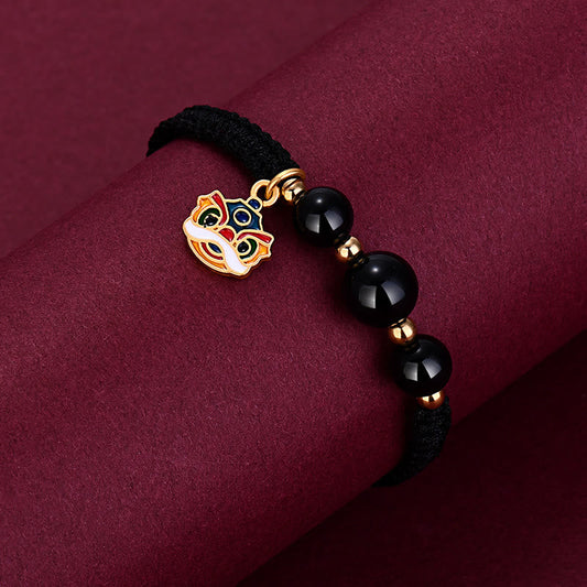 Ancient Tibetan Buddhist Red String Tradition  Handmade Black Onyx Bead Dancing Lion Fortune Bracelet