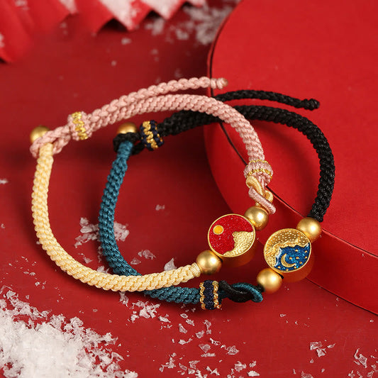 Ancient Tibetan Buddhist Red String Tradition  Handmade Mountain and Sea Engraved Luck Two-Color String Couple Bracelet