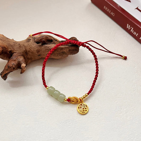 Ancient Tibetan Buddhist Red String Tradition  Handcrafted Jade Bead Fu Character Charm Luck Red Rope Bracelet