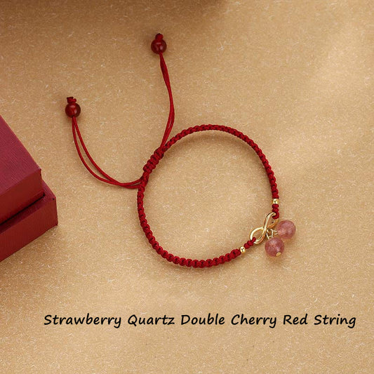 Ancient Tibetan Buddhist Red String Tradition  Strawberry Quartz Crystal Endless Knot Love Healing Red String Weave Bracelet