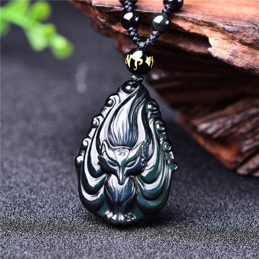 Spirituality Buddha Karma Natural Rainbow Obsidian Nine Tailed Fox Inner Peace Necklace Beaded String Pendant