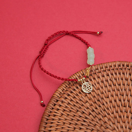 Ancient Tibetan Buddhist Red String Tradition  Handcrafted Jade Bead Fu Character Charm Luck Red Rope Bracelet