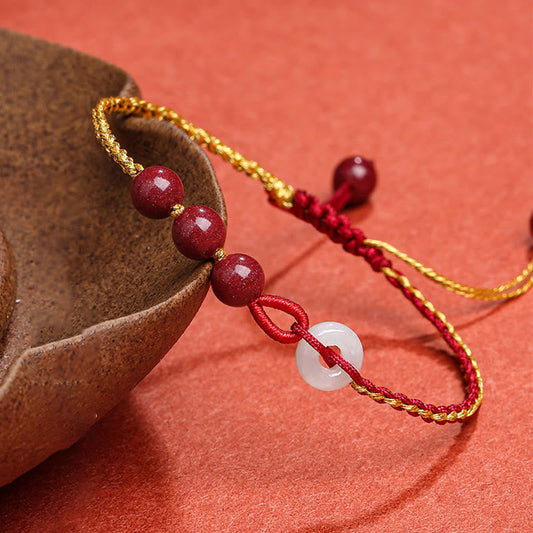 Ancient Tibetan Buddhist Red String Tradition  Natural Cinnabar Jade Peace Buckle Blessing Bracelet