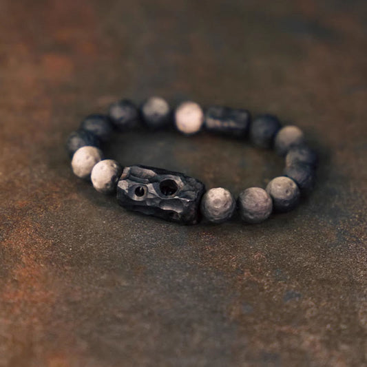 Spirituality Buddha Karma Silver Sheen Obsidian Ebony Wood Soothing Bracelet