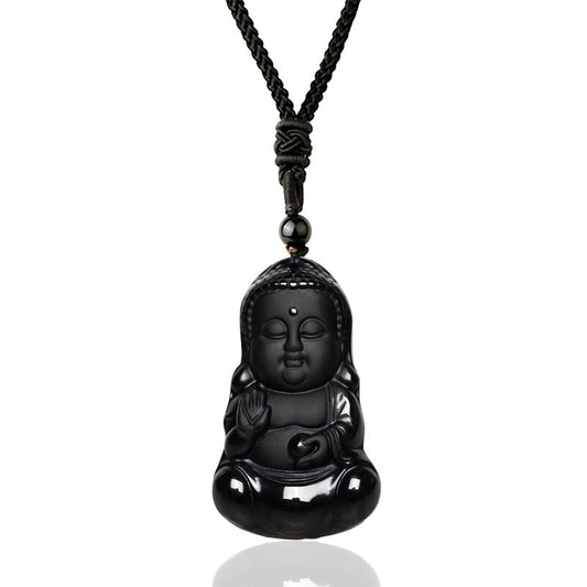 Spirituality Buddha Karma Natural Black Obsidian Crystal Buddha Strength Protection Amulet Lucky Charm Pendant Necklace