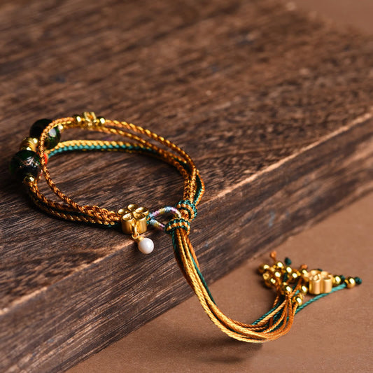 Ancient Tibetan Buddhist Red String Tradition  Tibetan Handmade Rope Liuli Glass Bead Braided Multilayered Healing Bracelet