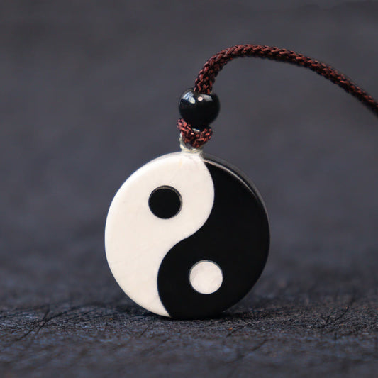 Spirituality Buddha Karma Natural Black Obsidian White Turquoise Yin Yang Fulfilment Strength Necklace Pendant