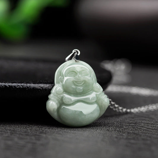 Jade  925 Sterling Silver Laughing Buddha Jade Blessing Necklace Chain Pendant
