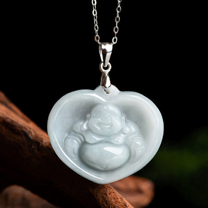 Buddha Energy Necklace 925 Sterling Silver Laughing Buddha White Jade Luck Blessing Necklace Pendant
