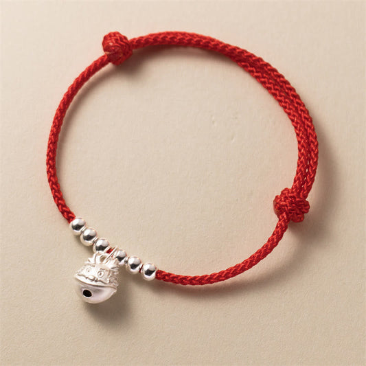 Ancient Tibetan Buddhist Red String Tradition  Year of the Dragon 925 Sterling Silver Handmade Dragon Carved Success Braided Red Bracelet