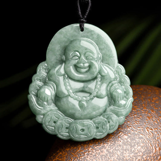 Buddha Energy Necklace Laughing Buddha Natural Jade Copper Coin Abundance Necklace Pendant
