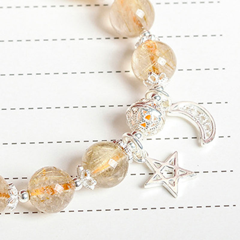 Golden Energy Citrine 925 Sterling Silver Natural Wealth Solar Plexus Chakra (Third Chakra) Happiness Moon Star Charm Bracelet