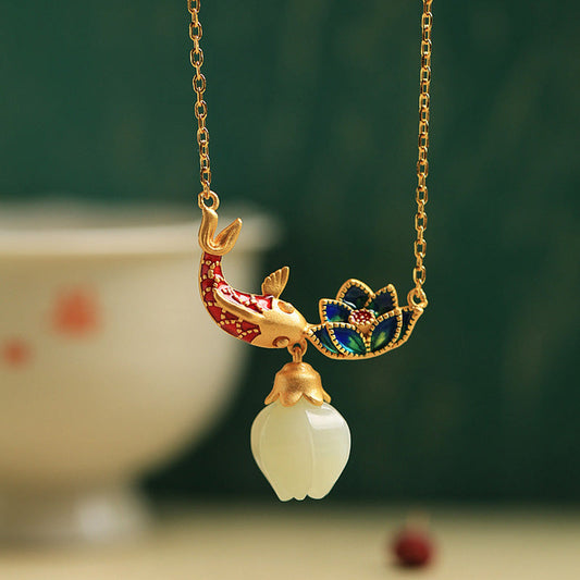 Jade  925 Sterling Silver White Jade Koi Fish Lotus Protection Necklace Pendant