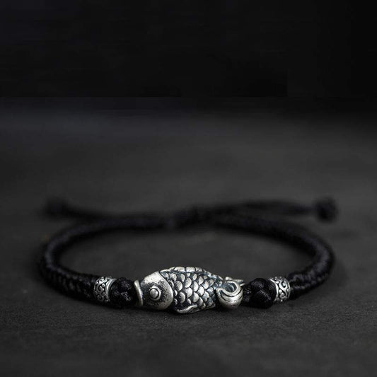 Ancient Tibetan Buddhist Red String Tradition  Silver Luck Koi Fish Braided String Bracelet