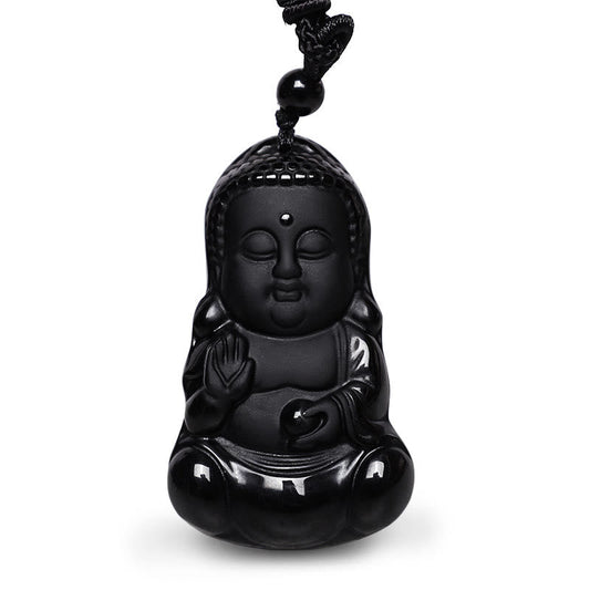 Buddha Energy Necklace Natural Black Obsidian Crystal Buddha Strength Protection Amulet Lucky Charm Pendant Necklace
