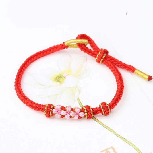 Ancient Tibetan Buddhist Red String Tradition  Handmade Three Peach Blossoms Luck Eight Strands Braided String Bracelet