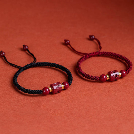 Ancient Tibetan Buddhist Red String Tradition  Tibet Cinnabar Om Mani Padme Hum Engraved Blessing Braided Bracelet