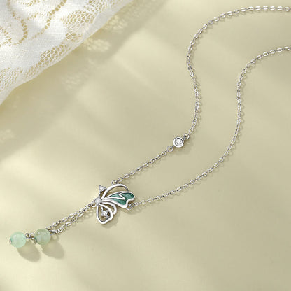 Spirituality Buddha Karma 925 Sterling Silver Natural Green Aventurine Butterfly Luck Necklace Pendant Earrings Set
