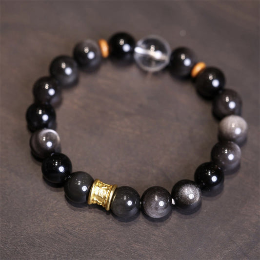 Spirituality Buddha Karma Natural Silver Sheen Obsidian Crystal Om Mani Padme Hum Bead Protection Bracelet