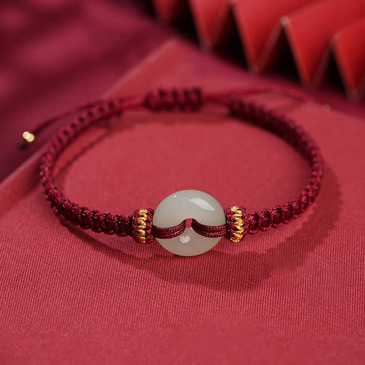 Ancient Tibetan Buddhist Red String Tradition  Peace Buckle Jade Abundance Braided Bracelet