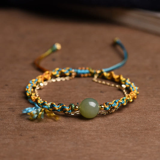 Ancient Tibetan Buddhist Red String Tradition  Handmade Colorful Rope Luck Jade Bead Abundance Double Layer Bracelet