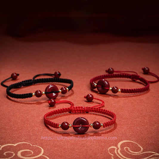 Ancient Tibetan Buddhist Red String Tradition  Natural Cinnabar Peace Buckle Blessing String Bracelet