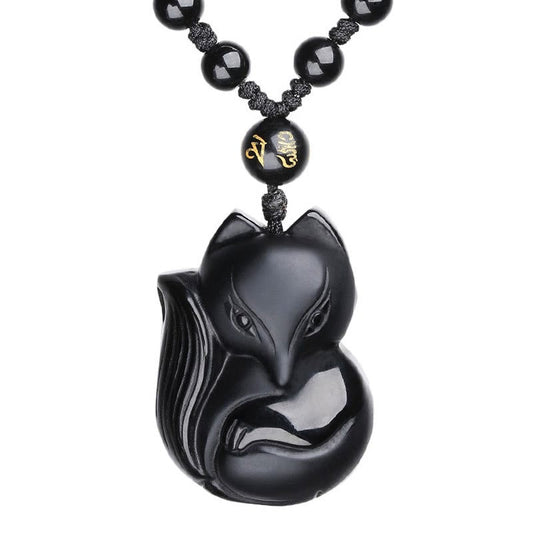 Spirituality Buddha Karma Natural Black Obsidian Tiger Eye Ice Obsidian Fox Pendant Amulet Necklace