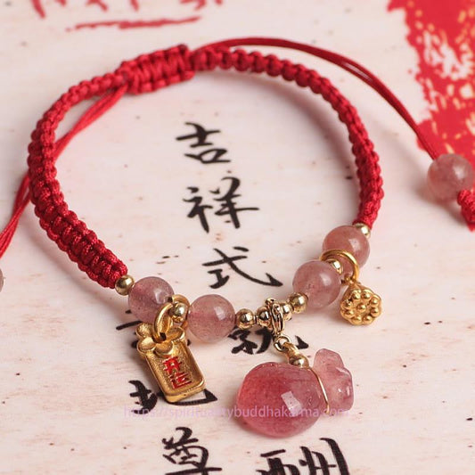 Ancient Tibetan Buddhist Red String Tradition  Natural Strawberry Quartz Money Bag Lotus Healing Charm Red String Braided Bracelet