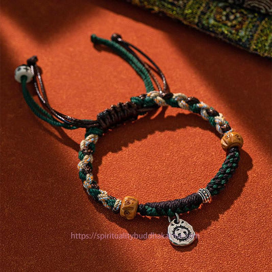 Ancient Tibetan Buddhist Red String Tradition  Tibetan Dzi Bead Agate Yak Bone Wealth Rope Bracelet