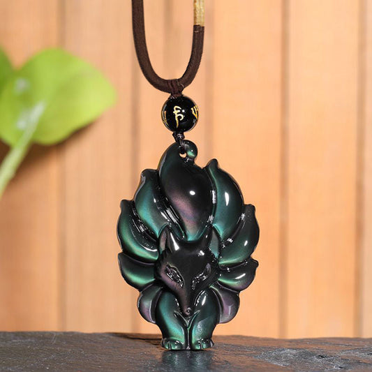 Spirituality Buddha Karma Natural Rainbow Obsidian Gold Sheen Obsidian Nine Tailed Fox Positive Necklace Pendant