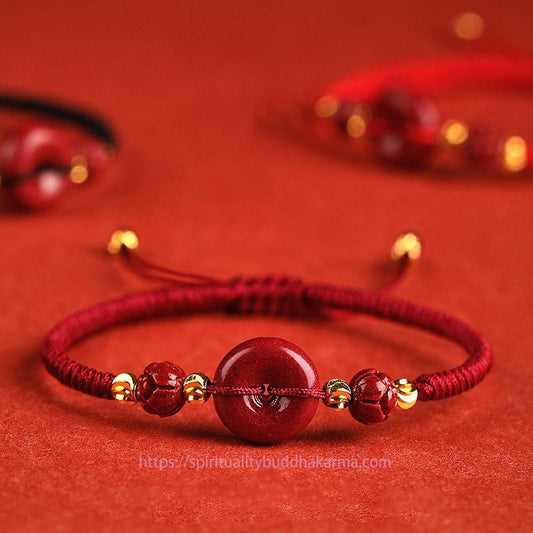 Ancient Tibetan Buddhist Red String Tradition  Handmade Lotus Cinnabar Peace Buckle Blessing Braid Bracelet