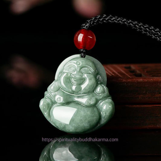 Jade  Natural Green Jade Laughing Buddha Luck Abundance Necklace Pendant