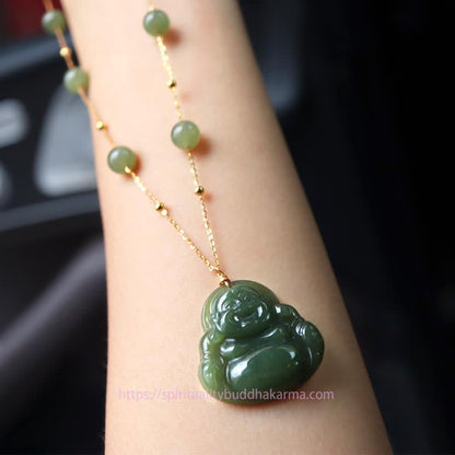 Buddha Energy Necklace Laughing Buddha Hetian Jade Luck Necklace Bead Chain Pendant