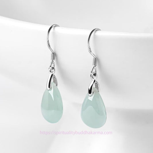 Jade  925 Sterling Silver Jade Water Drop Pattern Luck Prosperity Dangle Earrings