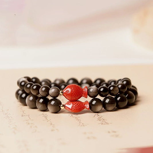 Spirituality Buddha Karma Natural Silver Sheen Obsidian Cinnabar Koi Fish Soothing Protection Bracelet