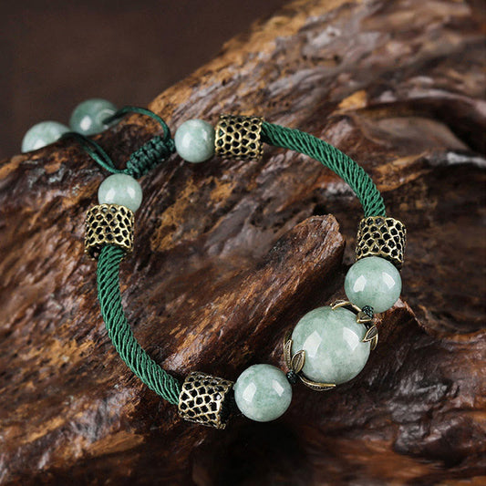 Ancient Tibetan Buddhist Red String Tradition  Handmade Green Rope Luck Jade Bead Prosperity Bracelet
