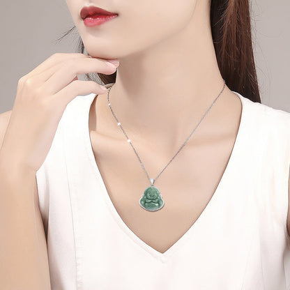Jade  925 Sterling Silver Laughing Buddha Jade Abundance Necklace Chain Pendant