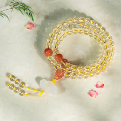 Golden Energy Citrine 108 Mala Beads 925 Sterling Silver Natural Wealth Solar Plexus Chakra (Third Chakra) Red Agate White Jade Prosperity Charm Bracelet