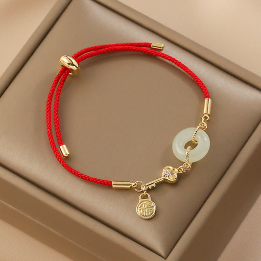 Jade  18K Gold Plated Hetian Jade Peace Buckle Fu Character Luck Red Rope Bracelet