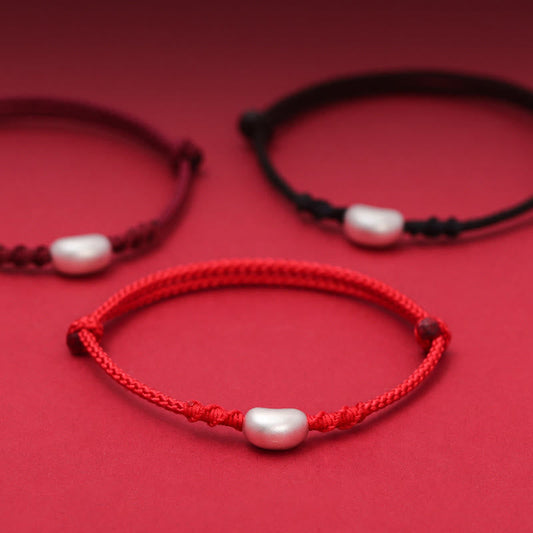 Ancient Tibetan Buddhist Red String Tradition  999 Sterling Silver Bean Design Luck Connection Handmade Braided Bracelet