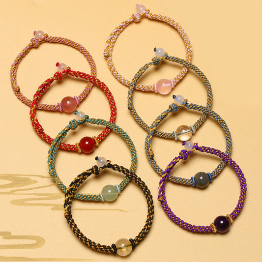Spirituality Buddha Karma Handmade Red Agate Amethyst Golden Rutilated Quartz Pink Crystal Bead Calm Braided Bracelet