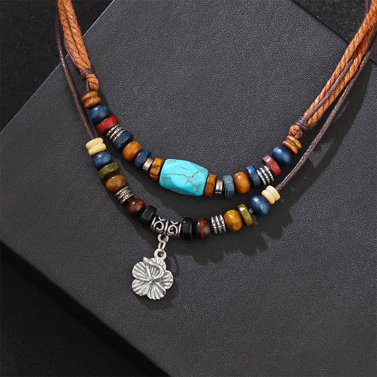 Ancient Tibetan Buddhist Red String Tradition  Turquoise Small Flower Protection Double Layer Necklace Pendant Bracelet