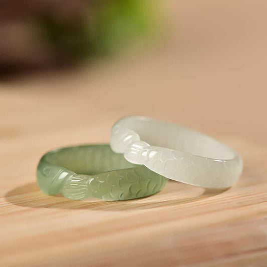 Jade  Hetian White Jade Cyan Jade Koi Fish Success Luck Ring