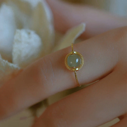 Jade  14K Gold Plated Round Jade Luck Prosperity Adjustable Ring